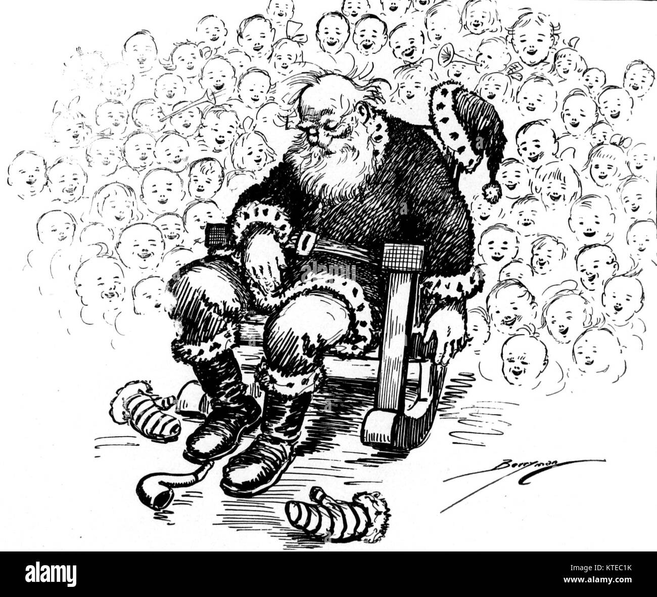 Cartoonist Clifford Berryman shares the feeling of exhaustion of many parents on Christmas Day due to preparations for the holiday and buying presents for the family in this non-political cartoon by political cartoonist Clifford Berryman Stock Photo