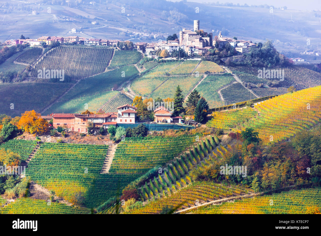 Impressive autumn landscape,view with vineyards and castle,Barolo village,Piemonte,Italy. Stock Photo