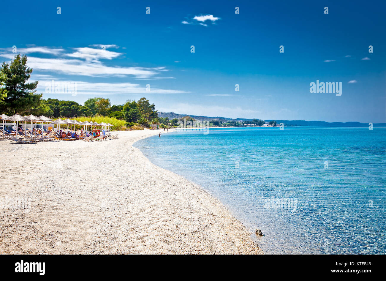 Beautiful Paradiso sand beach near Akra Glarokavos on Kassandra peninsula, Hakidiki, Greece. Stock Photo