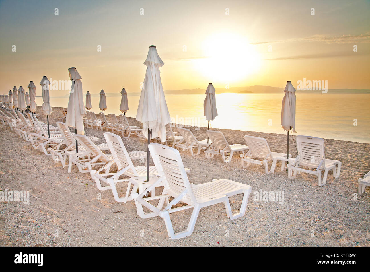 Beautiful beach at sunset in Hanioti, Greece. Stock Photo