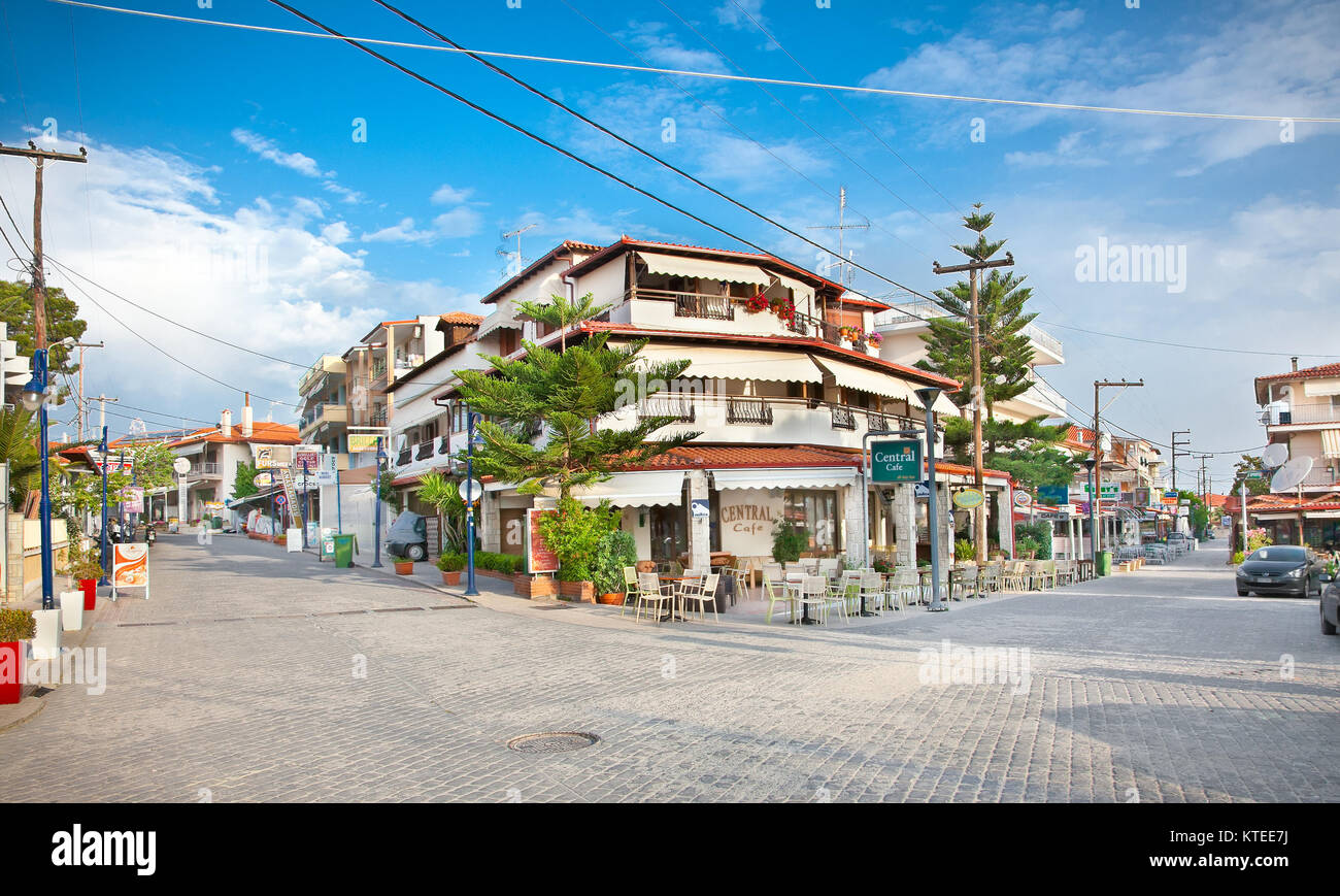 HANIOTI, GREECE - MAY 25, 2014: Central square in Hanioti on Kasandra penisula on May 26, 2014, Halkidiki. Greece.Chaniotis visit more than 200 000 Eu Stock Photo