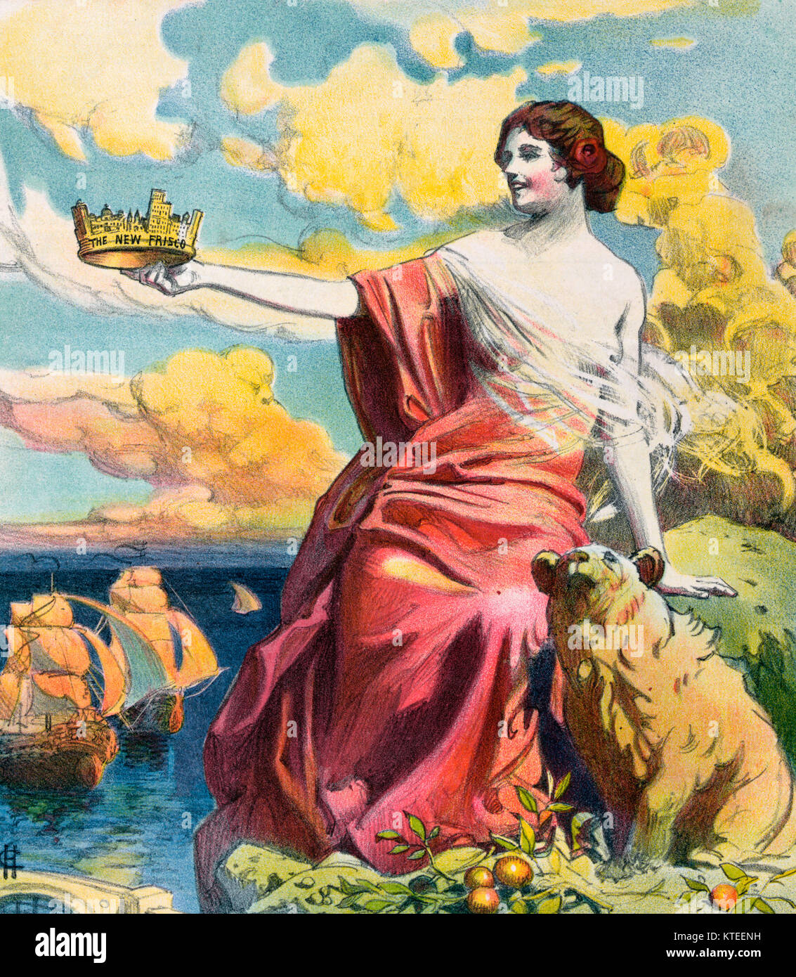 Illustration shows a female figure holding out a crown labeled 'The New Frisco', fashioned after a city skyline; a bear sits on the ground next to her and, in the background, are 16th or 17th century sailing ships. 1906 Political Cartoon Stock Photo