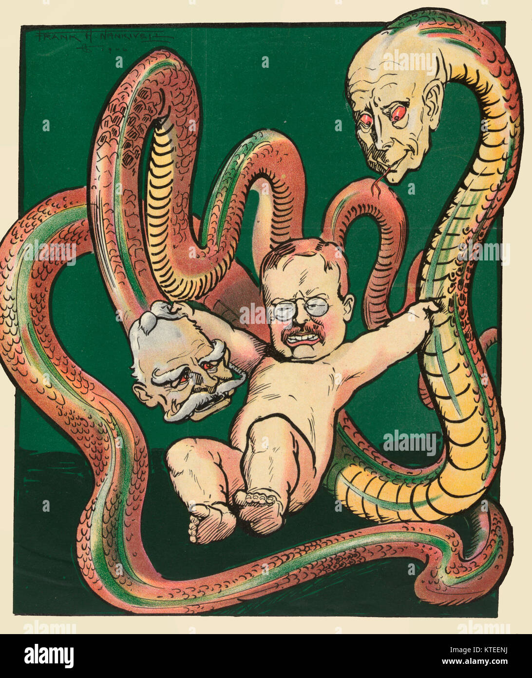 Illustration shows Theodore Roosevelt as the infant Hercules fighting large snakes with the heads of Nelson W. Aldrich and John D. Rockefeller. Political Cartoon, 1906 Stock Photo
