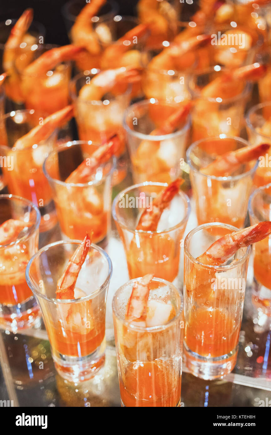 Shrimp cocktail in shot glass shot closeup Stock Photo