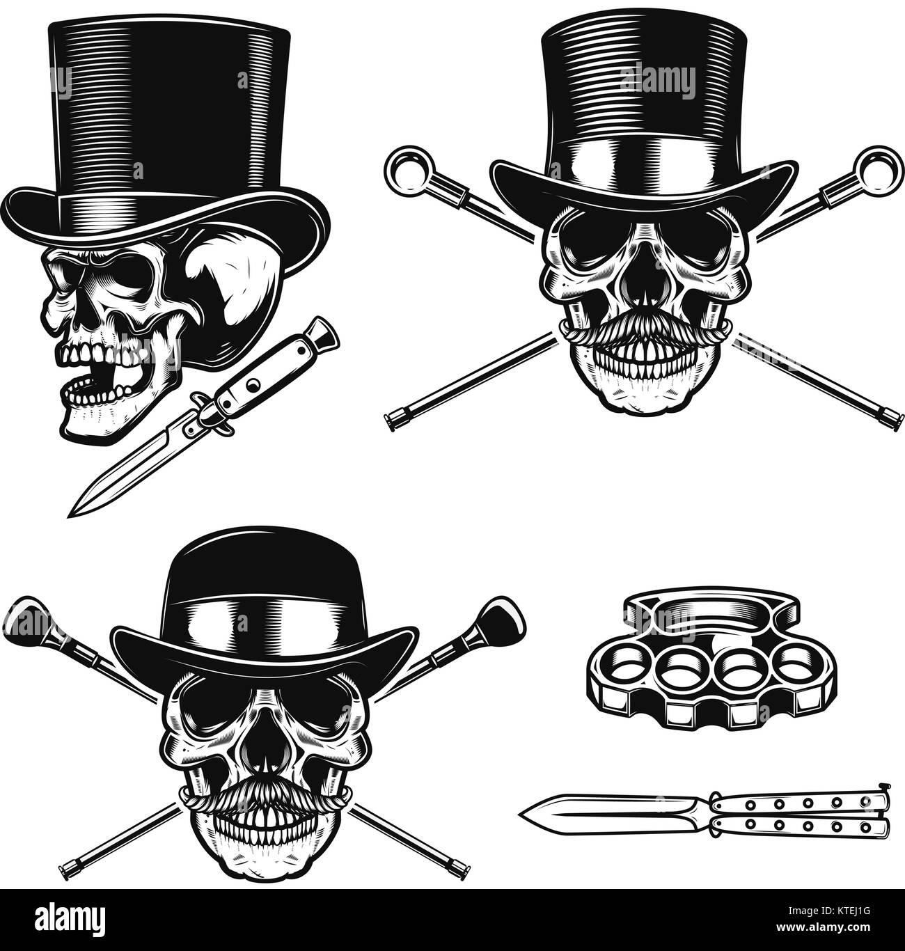 Set of gentleman skull in vintage hats. Design element for poster, emblem, sign, t shirt. Vector illustration Stock Vector