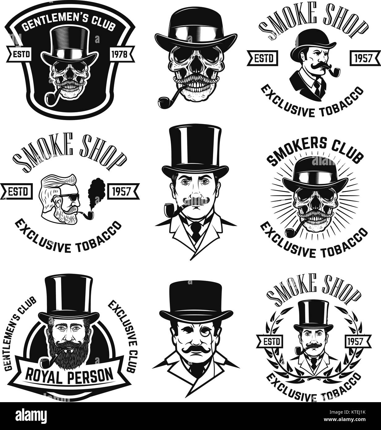 Set of smokers club emblems. Vintage gentlemans portraits with smoking pipes. Design element for logo, label, emblem, sign, poster, banner. Vector ill Stock Vector