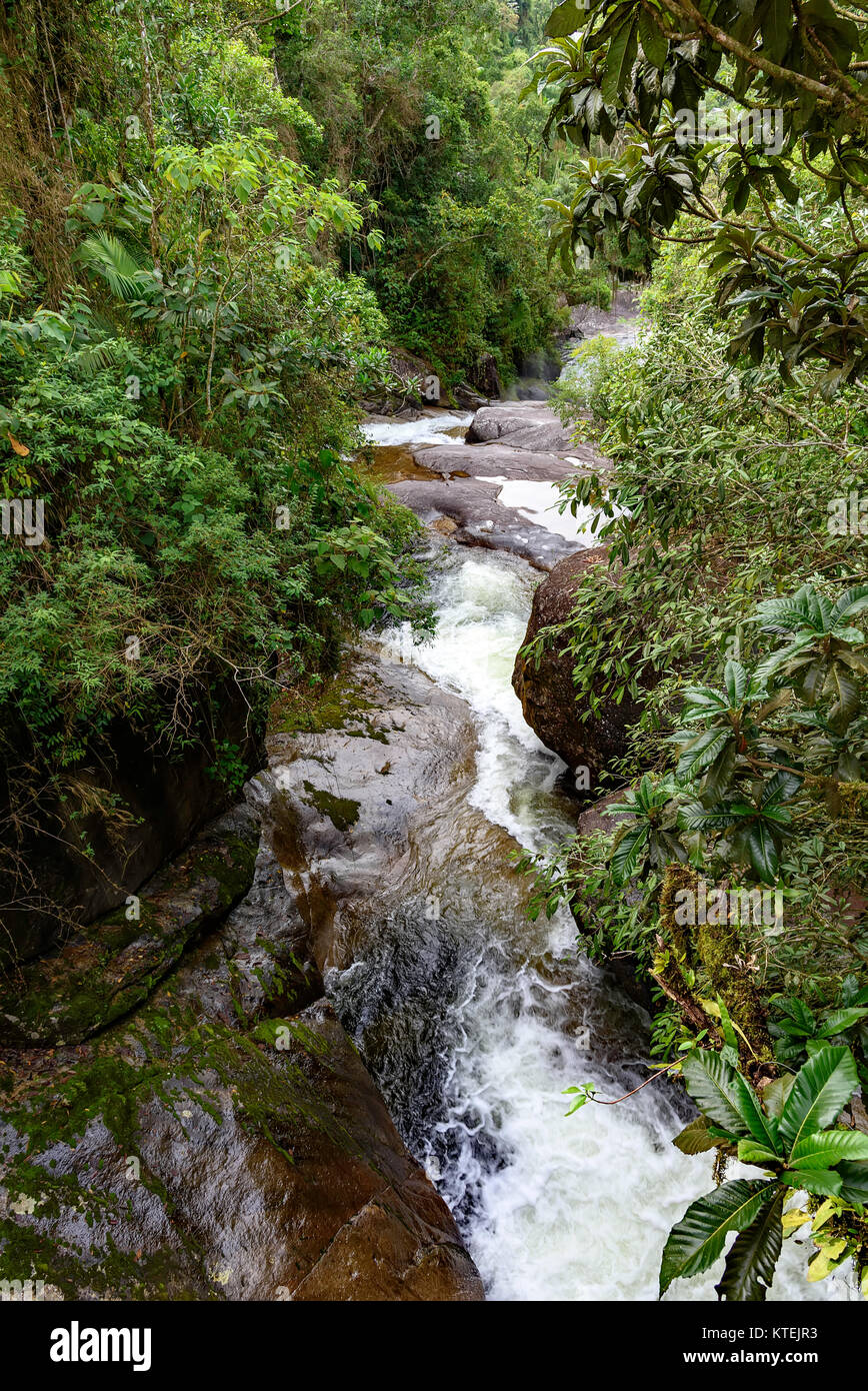 River among the rocks and the natural vegetation of the brazilian rainforest in Itatiaia, Rio de Janeiro Stock Photo