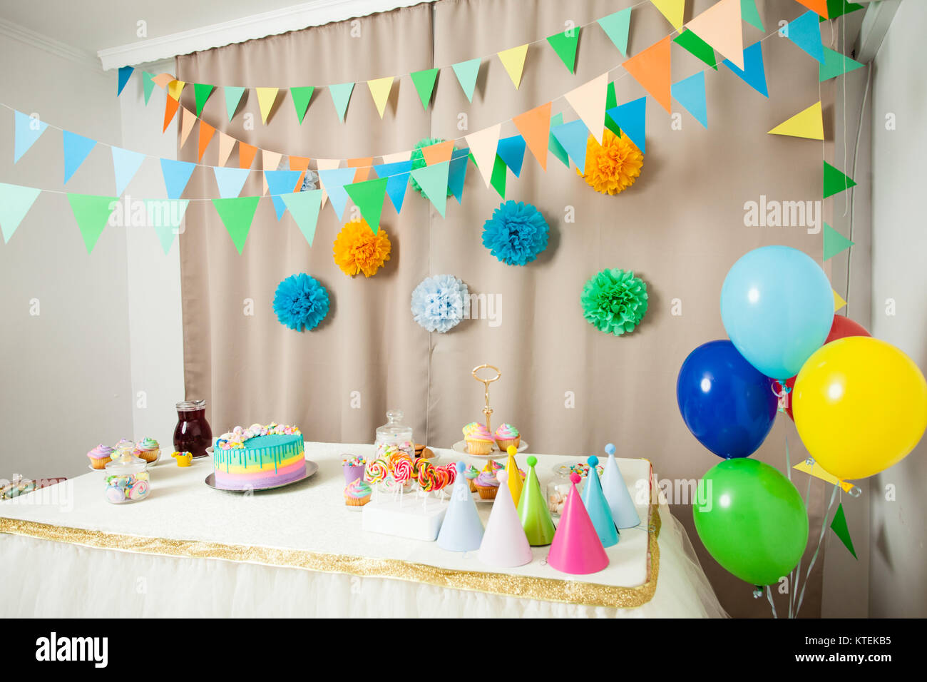 Decorated table in the room for Happy Birthday Party without ...