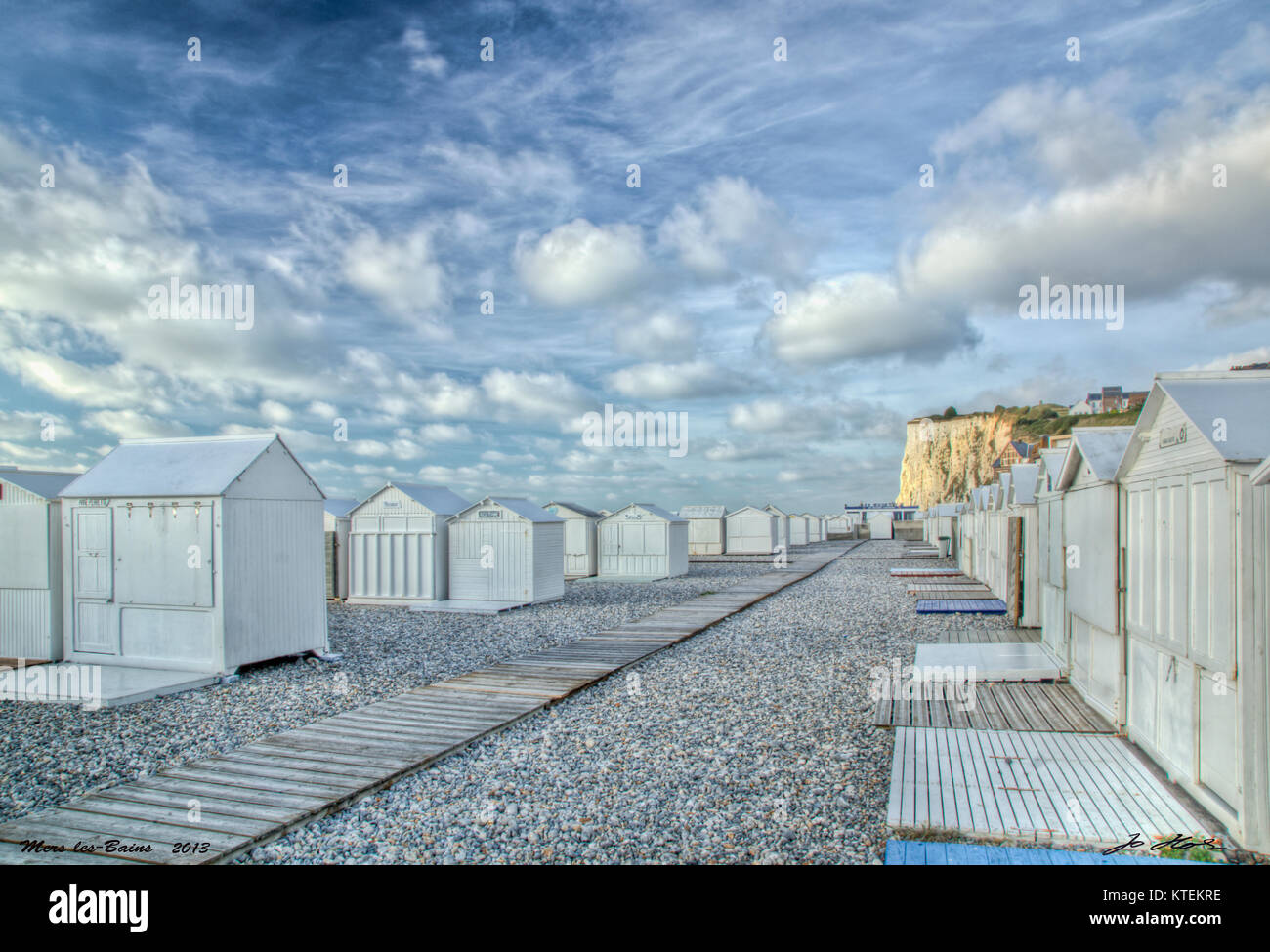 closed and empty beach hoods at the coast of mers-le-bains, Normandy, west france Stock Photo