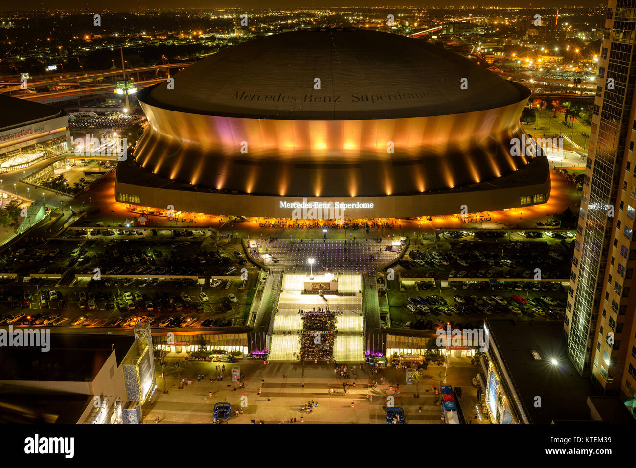 Superdome at Night - On the night of NFL Sunday Night game Green Bay Packers vs. New Orleans Saints, Mercedes-Benz Superdome is lit up by neon lights. Stock Photo