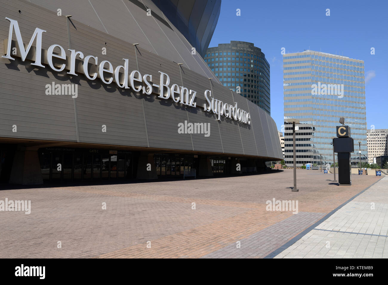 Superdome Stadium - silver inscription 'Mercedes-Benz Superdome' shines on the side of New Orleans Saints' home stadium. New Orleans, Louisiana, USA. Stock Photo