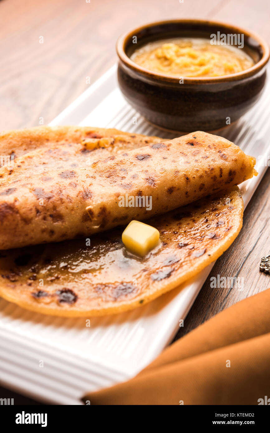 Puran Poli / Puranpoli / Holige / Obbattu - Indian sweet flatbread, selective focus Stock Photo