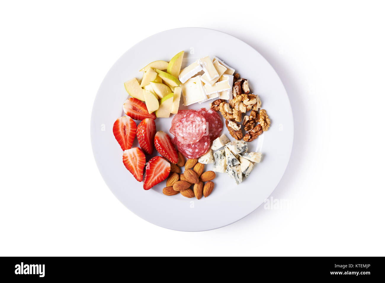 cheese board with fruits and nuts isolated on white background. top view. Stock Photo