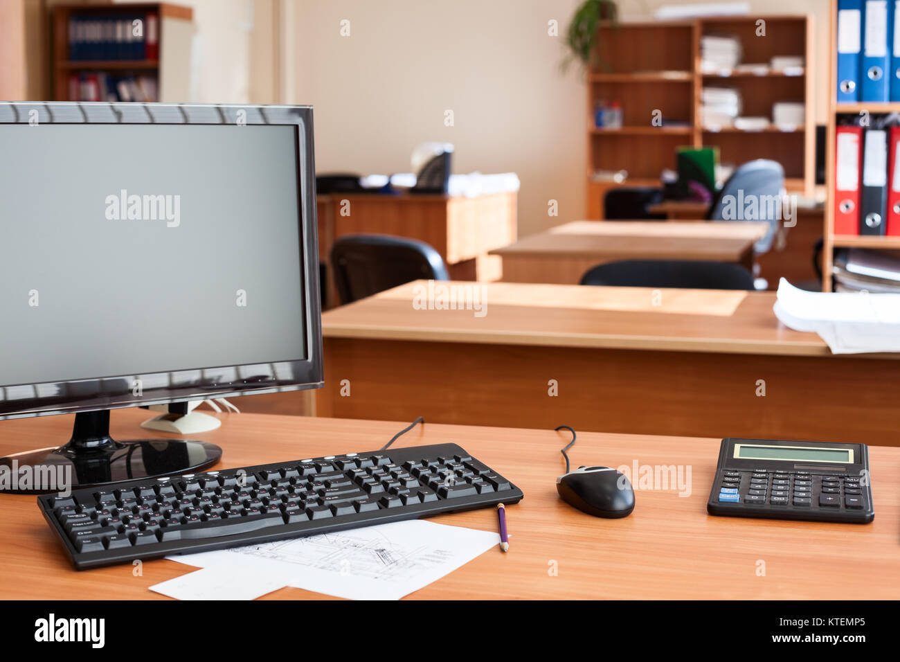 New working place with computer equipment and calculator, empty office ...