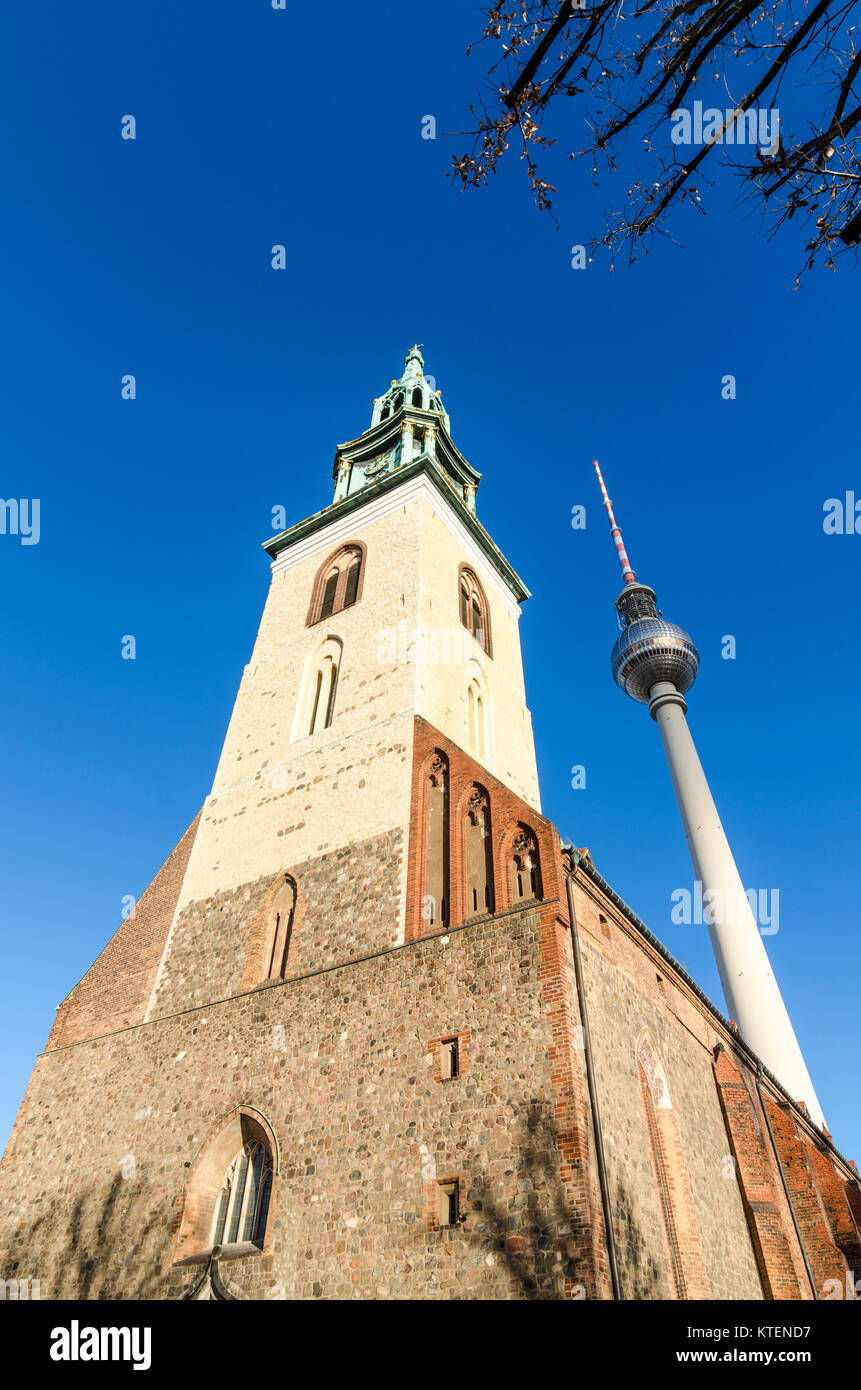 St. Mary's Church /Marienkirche - redbrick Gothic church - and Berliner Fernsehturm / television tower / TV tower, Karl-Liebknecht-Straße, Mitte, Berl Stock Photo