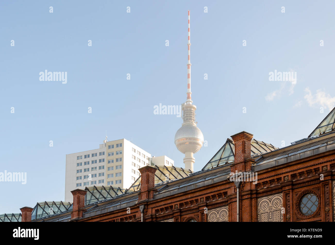 Elevated railway and train, Hackeschen Markt with Berliner Fernsehturm Television TV Tower in background, Berlin, Germany, Stock Photo