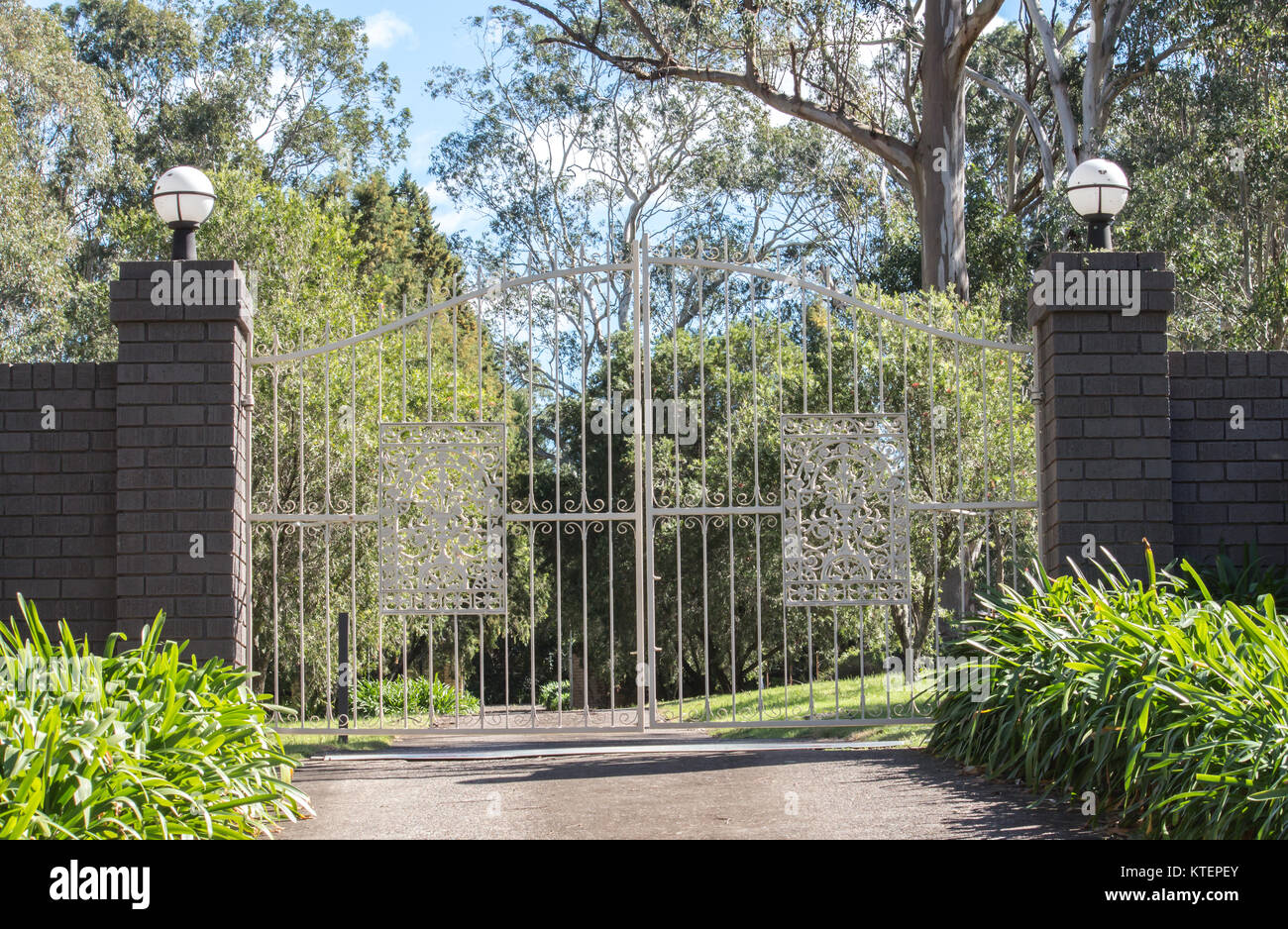 White metal driveway entrance gates set in brick fence leading to rural property with eucalyptus trees in background Stock Photo
