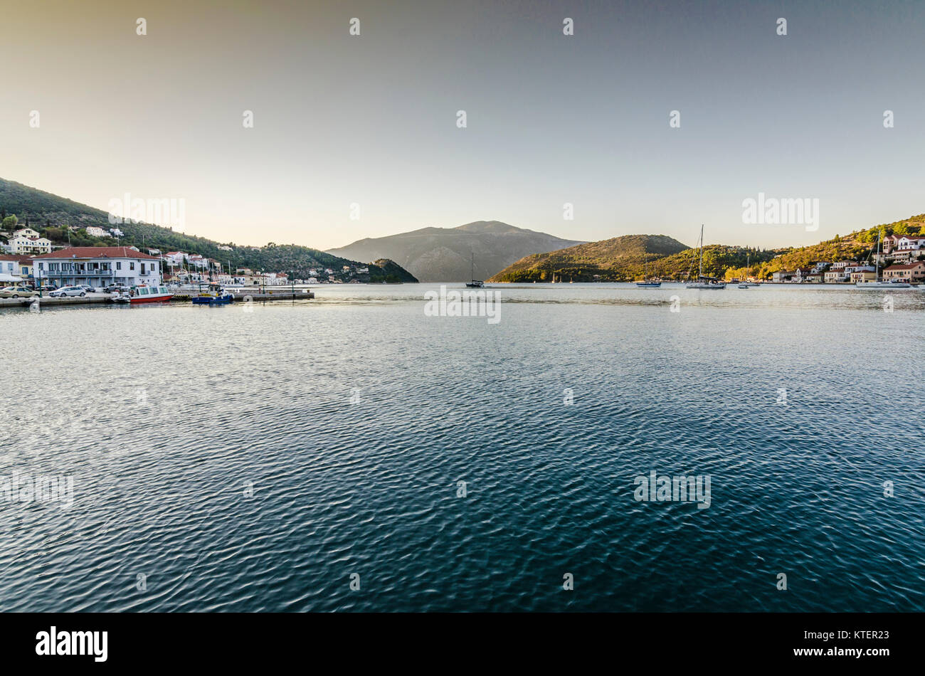Landscape of the bay and the port of vathi the mountains that surround it and the ionic sea on the island of Ithaka Stock Photo