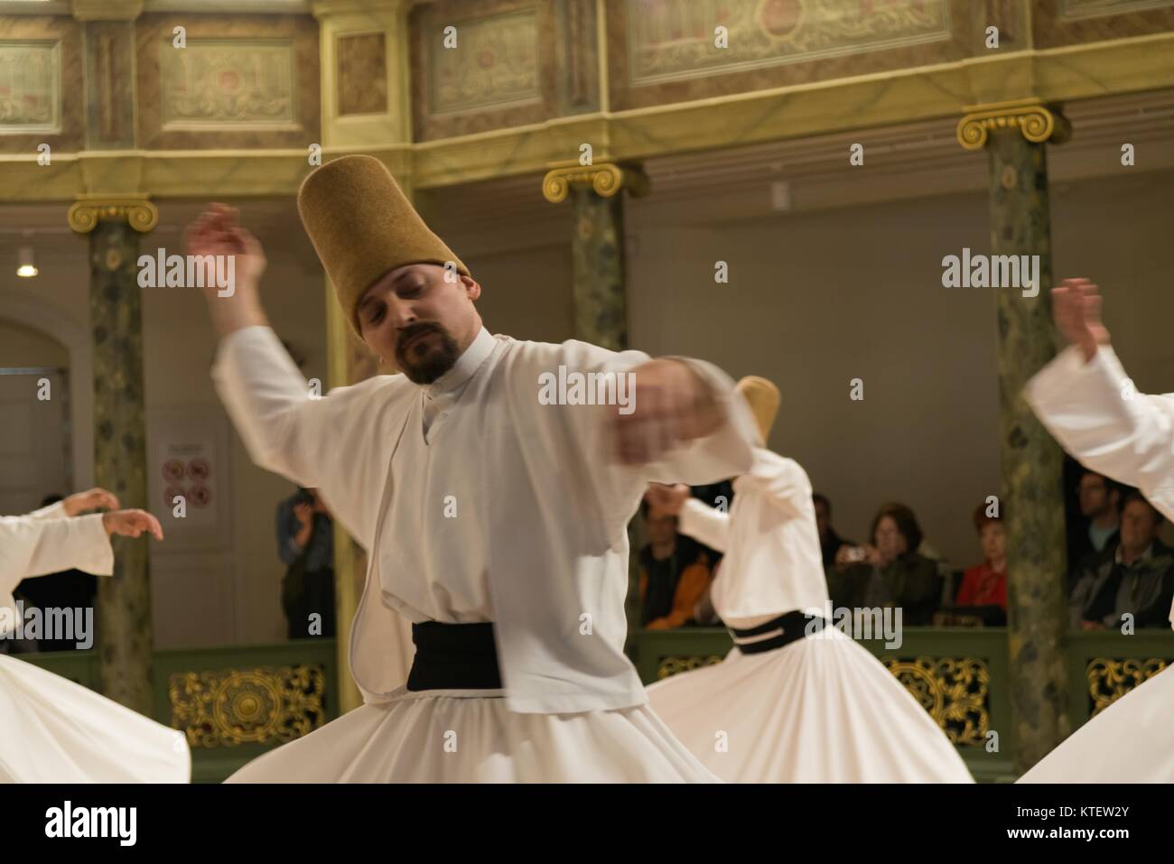 APRIL 21,2013 ISTANBUL.Sufi whirling  (Turkish: Semazen) is a form of Sama or physically active meditation which originated among Sufis.Exposed at hig Stock Photo