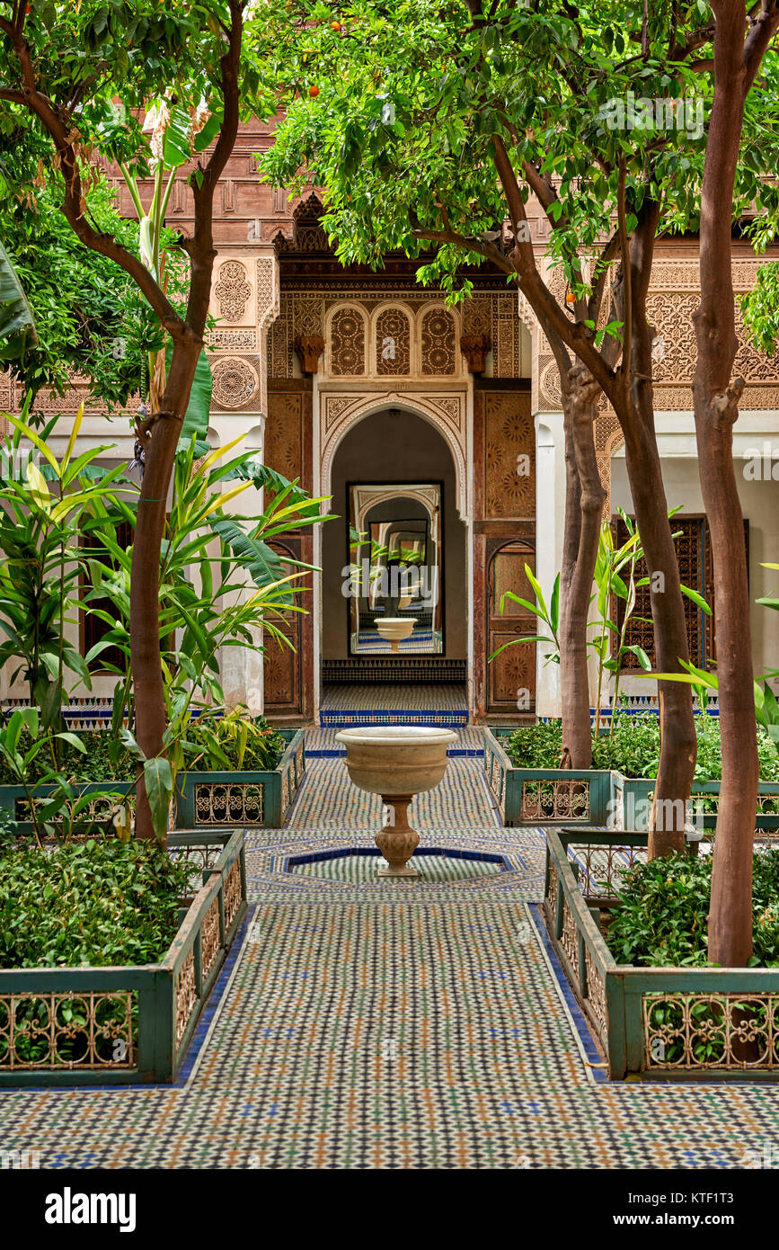 inner courtyard decorated in moorish style of Bahia Palace, Marrakesh, Morocco, Africa Stock Photo