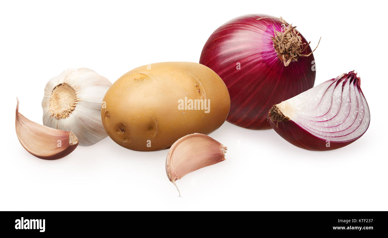 Whole fresh unpeeled potato with half, red onion with slice and garlic