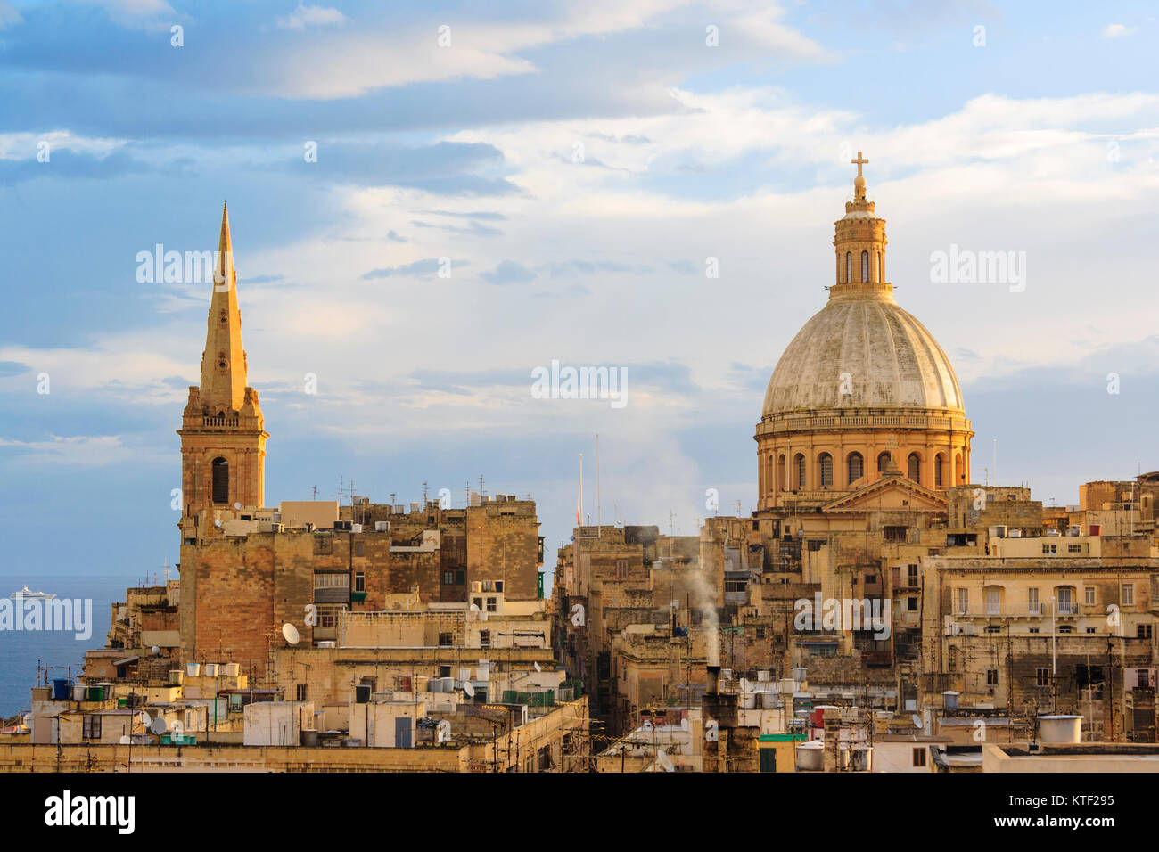 Anglican cathedral and Carmelite church at dawn. Valletta, Malta Stock Photo