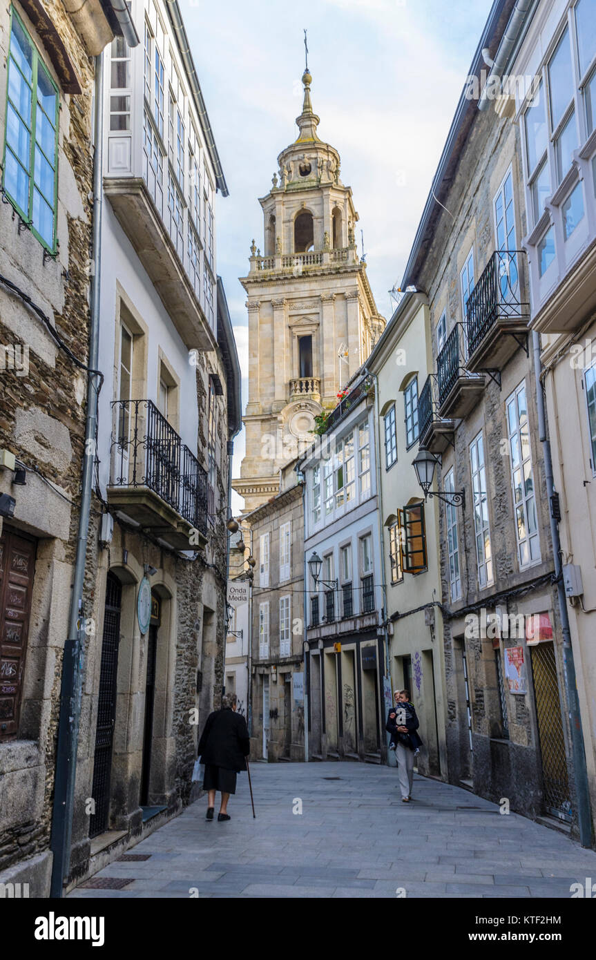Rua Catedral street and Cathedral tower. Lugo city, Galicia, Spain, Europe Stock Photo