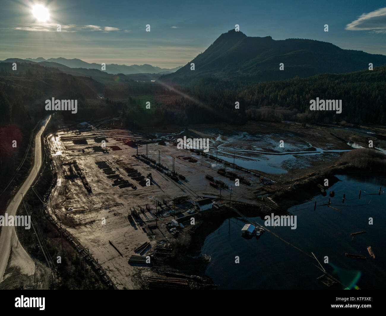 Aerial view of logs in the water at Beaver Cove Log Sort near Telegraph Cove, Northern Vancouver Island, British Columbia, Canada. Stock Photo