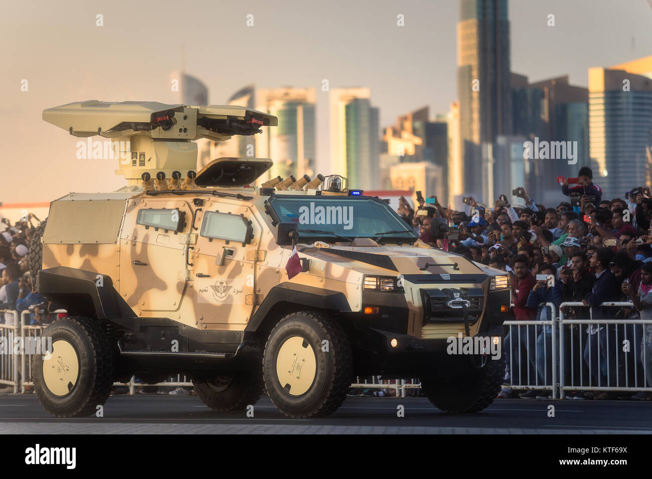 Perform of military and civil vehicles on National Day parade Doha, Qatar Stock Photo