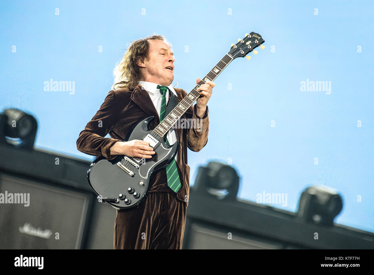 The Australian rock band AC/DC performs a live concert at Valle Hovin Stadion in Oslo as part of the Rock or Bust World 2015 Tour. Here musician and guitarist Angus Young is seen live on stage. Norway, 17/07 2015. Stock Photo