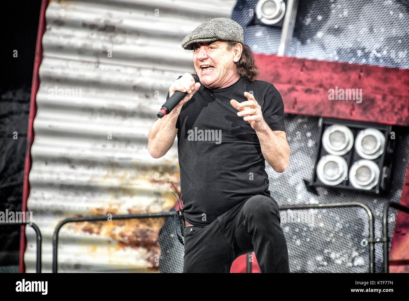 The Australian rock band AC/DC performs a live concert at Valle Hovin Stadion in Oslo as part of the Rock or Bust World 2015 Tour. Here vocalist Brian Johnson seen live on stage. Norway, 17/07 2015. Stock Photo