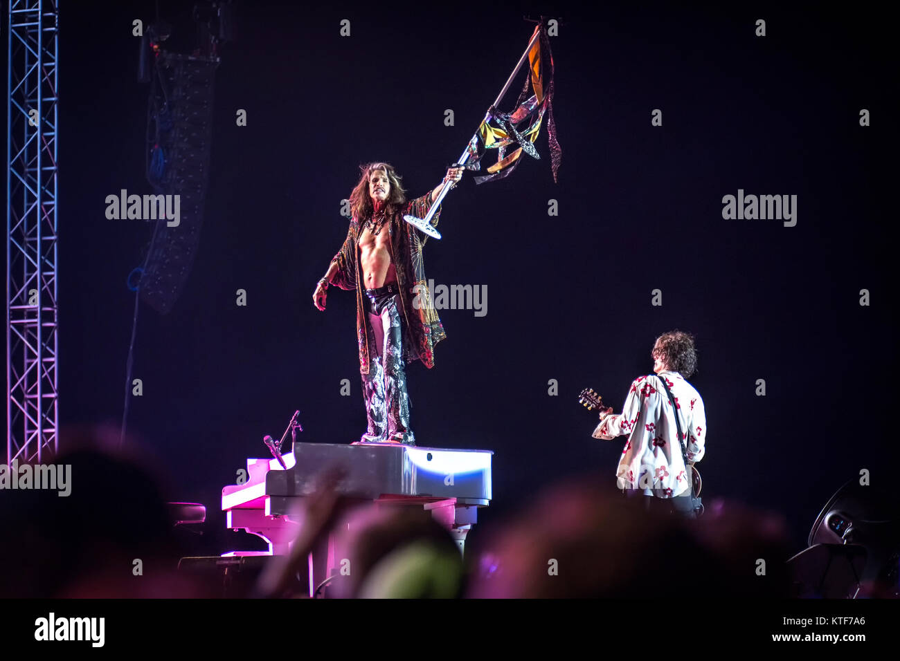 The American rock band Aerosmith performs a live concert during the Swedish music festival Sweden Rock Festival 2017. Here vocalist Steven Tyler is seen live on stage. Sweden, 08/06 2017. Stock Photo