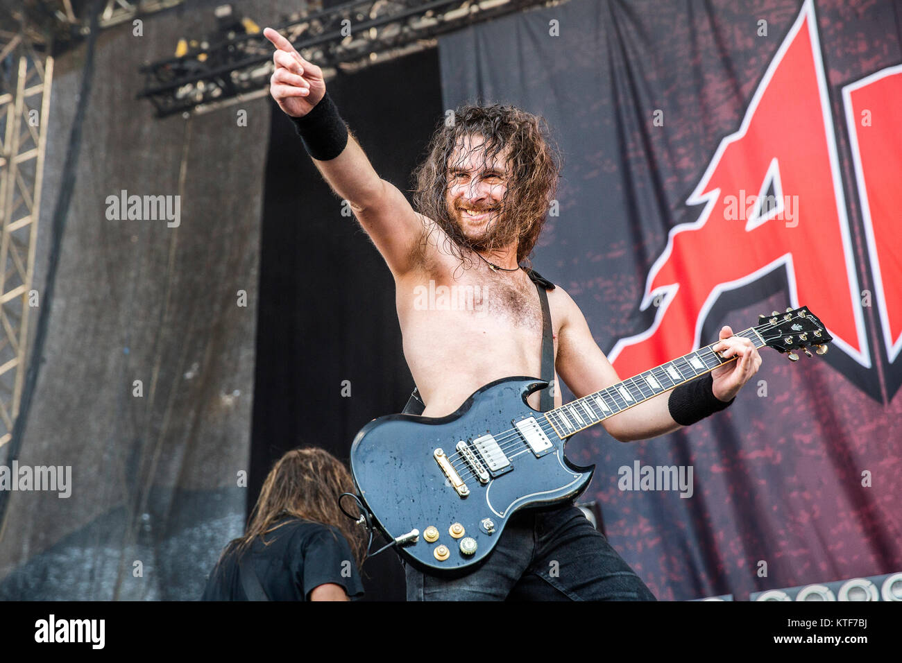 Norway, Halden – June 24, 2017.  The Australian rock band Airbourne performs a live concert during the Norwegian music festival Tons of Rock 2017. Here vocalist and guitarist Joel O’Keeffe is seen live on stage. Stock Photo