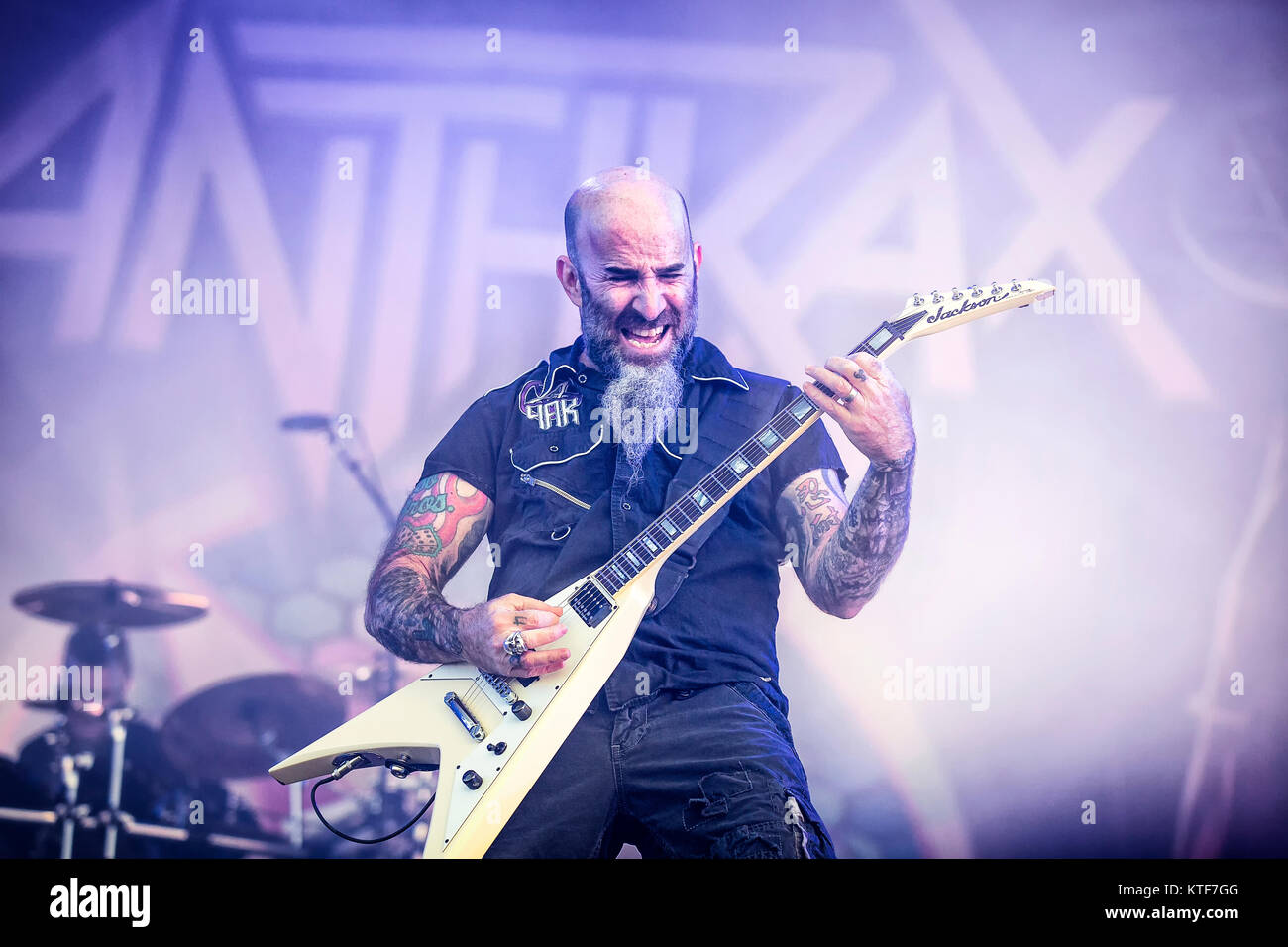 The American thrash metal band Anthrax performs a live concert at the Swedish music festival Sweden Rock Festival 2016. Here guitarist Scott Ian is seen live on stage. Sweden, 11/06 2016. Stock Photo