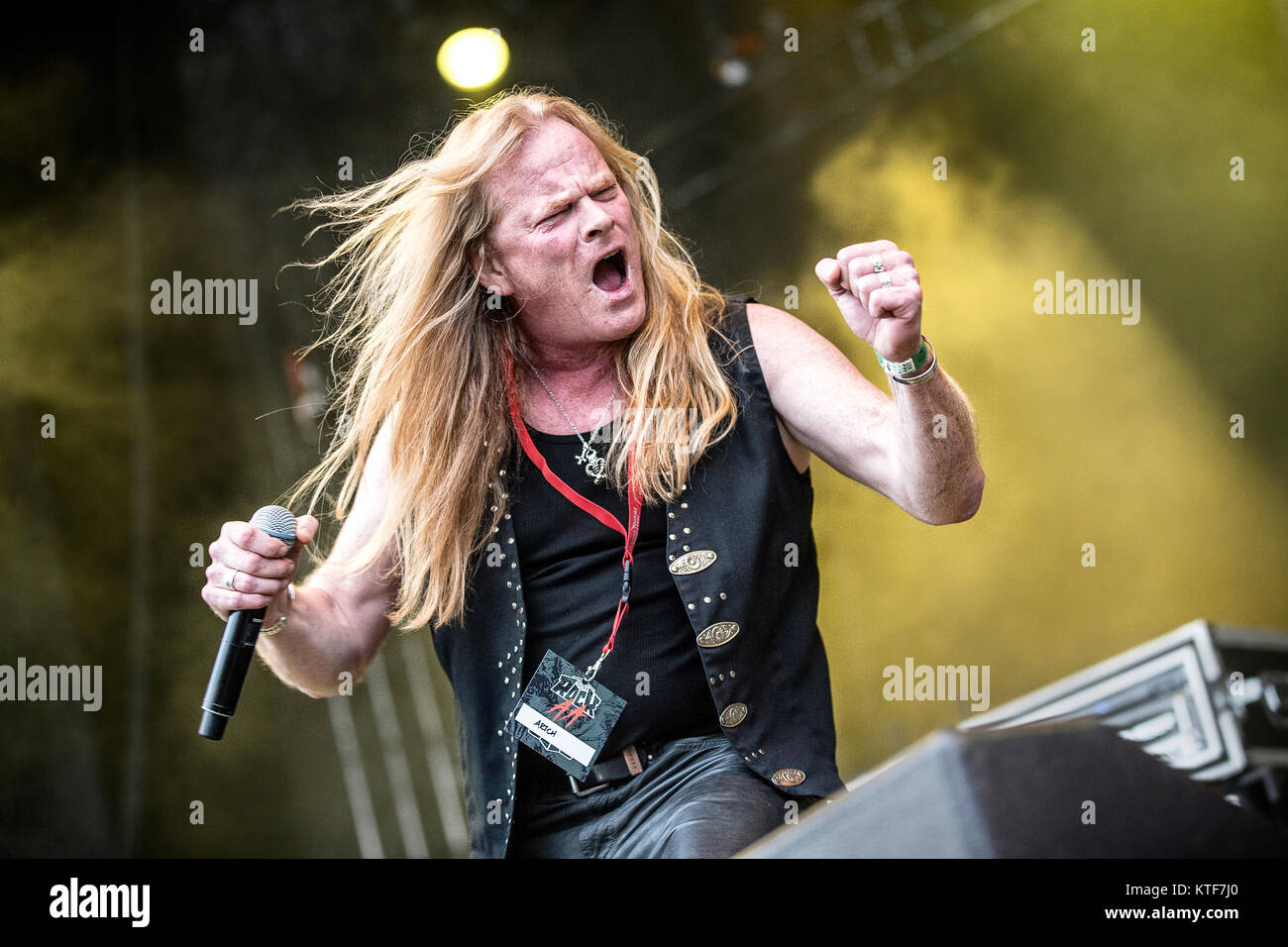 The Norwegian power metal band Artch performs a live concert at the Norwegian music festival Tons of Rock 2015. Here vocalist Eric Hawk is seen live on stage. Norway, 20/06 2015. Stock Photo
