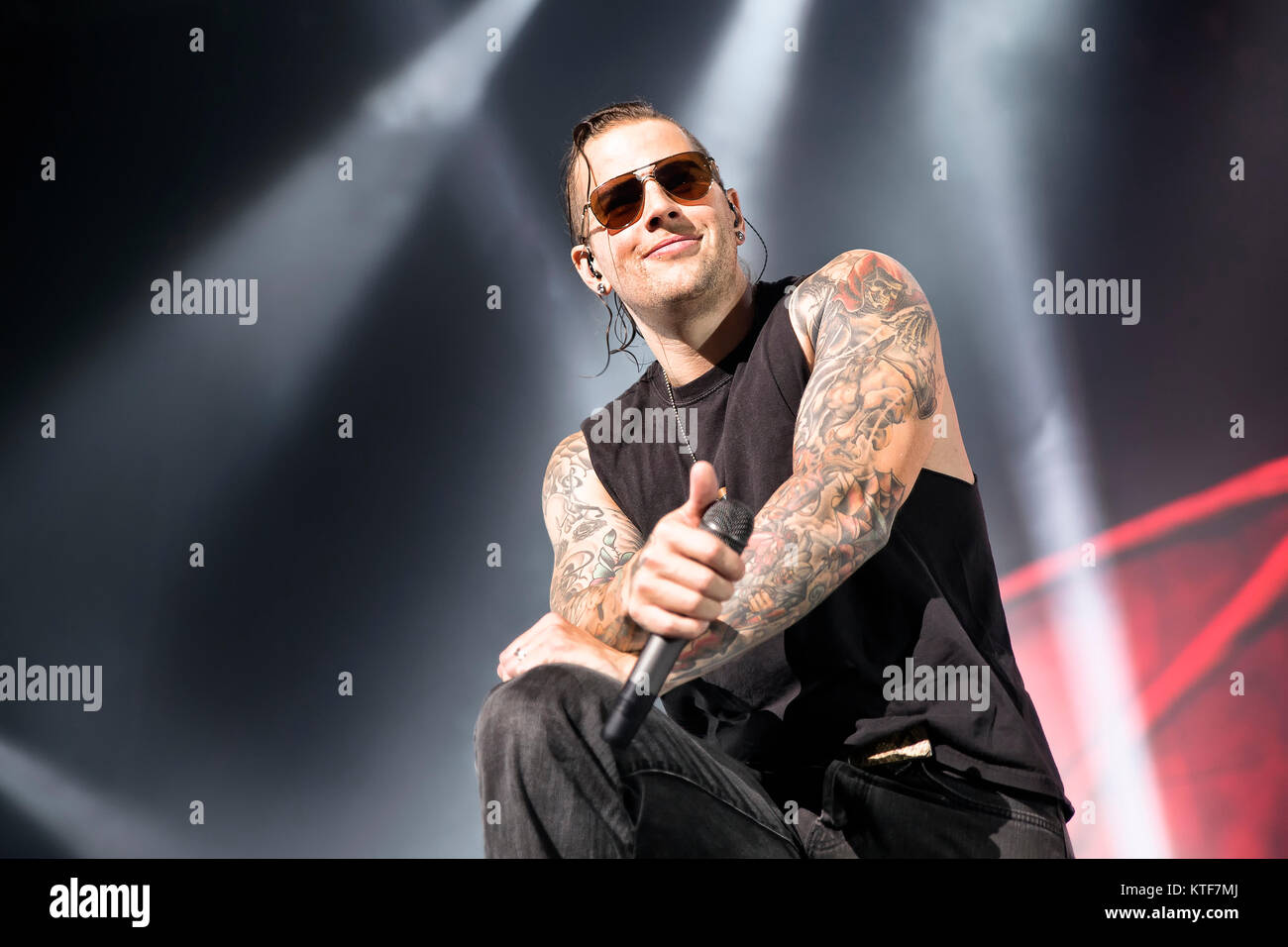 The American heavy metal band Avenged Sevenfold performs a live concert at Oslo Spektrum in Oslo. Here vocalist M. Shadows is seen live on stage. Norway, 09/11 2013. Stock Photo