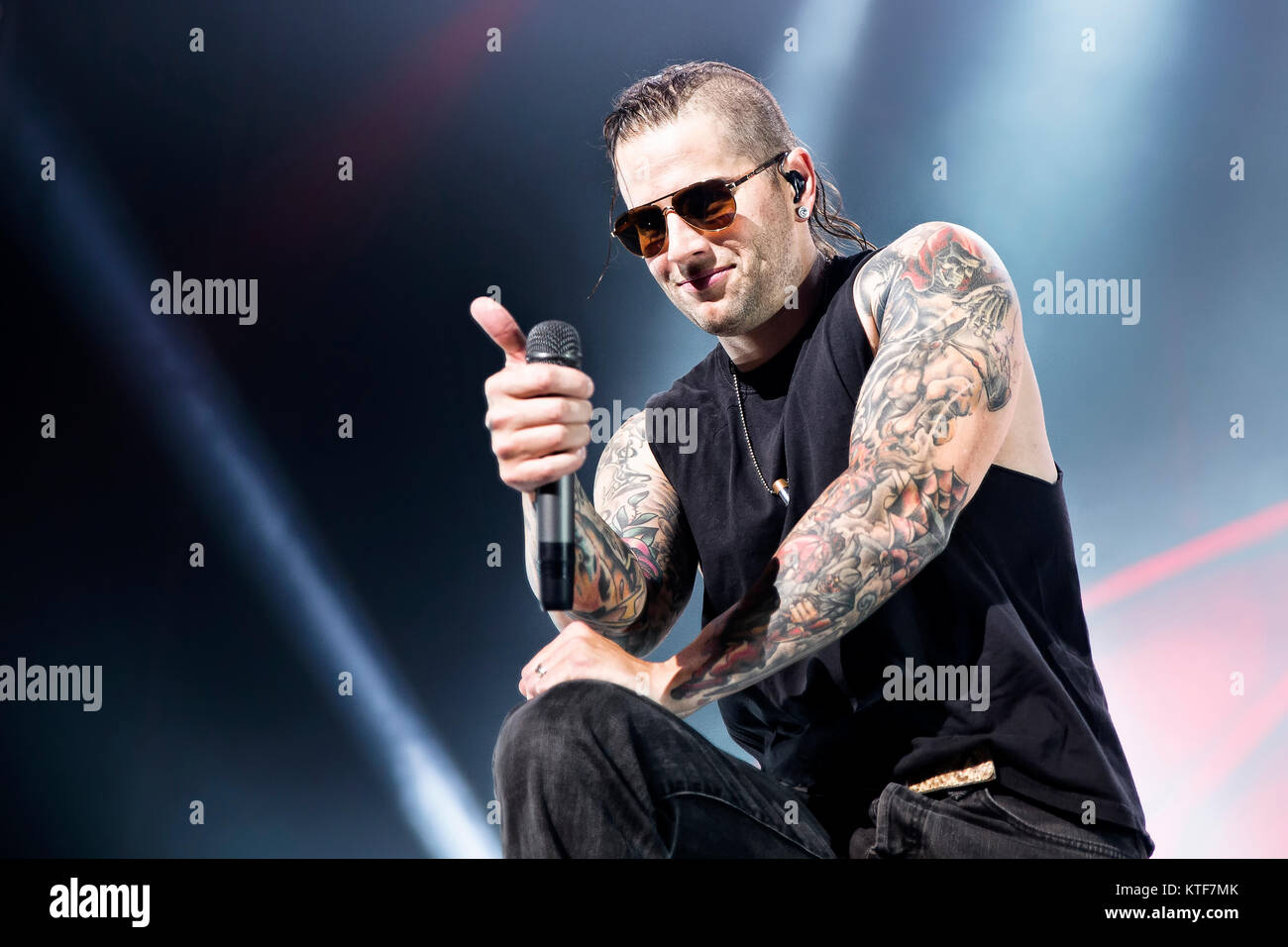 The American heavy metal band Avenged Sevenfold performs a live concert at Oslo Spektrum in Oslo. Here vocalist M. Shadows is seen live on stage. Norway, 09/11 2013. Stock Photo