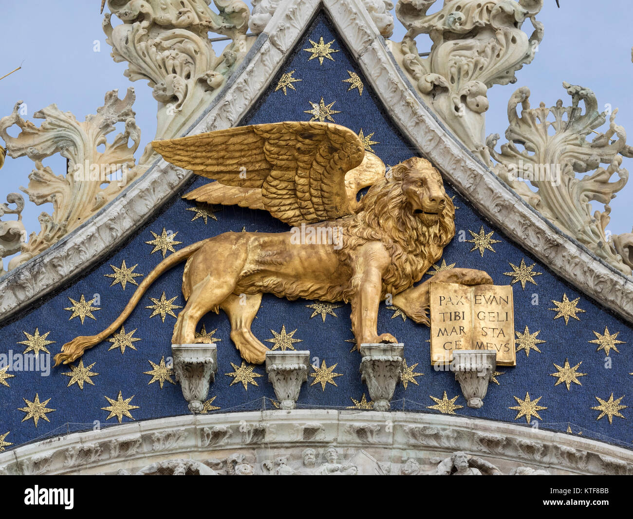 VENICE, ITALY SEPTEMBER - 13, 2017:   Winged Lion symbol on  St Marks Basilica Stock Photo