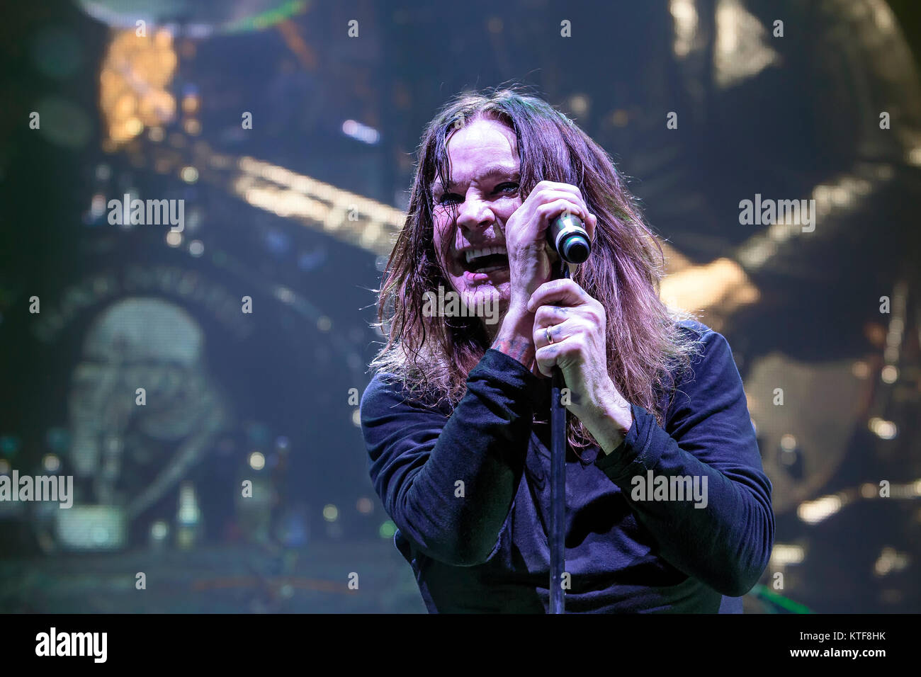 The English rock band Black Sabbath performs a live concert at Telenor Arena in Oslo. Here singer and TV-celebrity Ozzy Osbourne is seen live on stage. Norway, 24/11 2013. Stock Photo