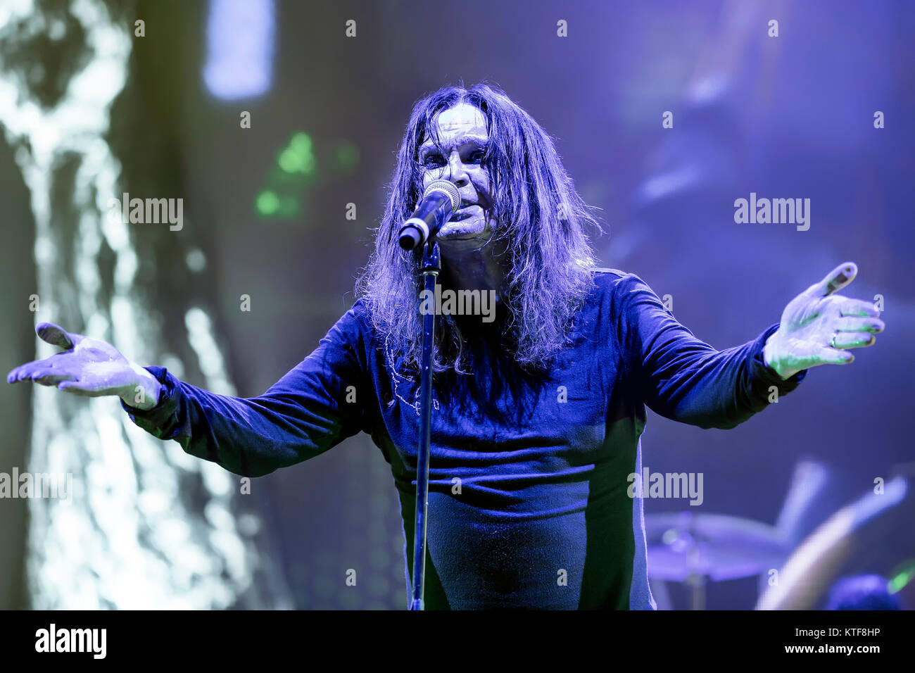 The English rock band Black Sabbath performs a live concert at Telenor Arena in Oslo. Here singer and TV-celebrity Ozzy Osbourne is seen live on stage. Norway, 24/11 2013. Stock Photo