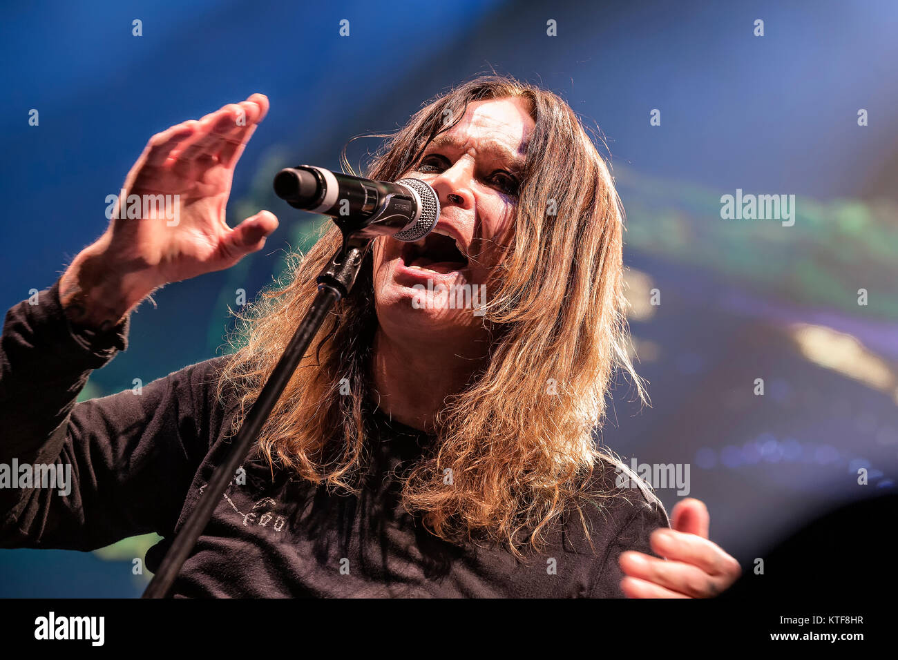 The English rock band Black Sabbath performs a live concert at Telenor Arena in Oslo. Here singer and TV-celebrity Ozzy Osbourne is seen live on stage. Norway, 24/11 2013. Stock Photo