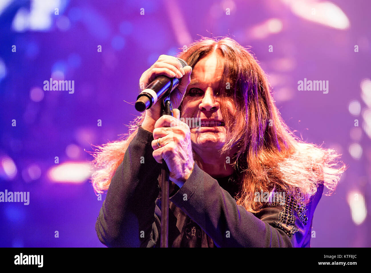 The English rock band Black Sabbath performs a live concert at Telenor Arena in Oslo. Here singer and TV-celebrity Ozzy Osbourne is seen live on stage. Norway, 24/11 2013. Stock Photo