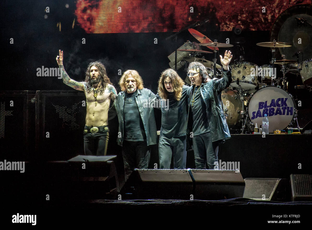 The English rock band Black Sabbath performs a live concert at the Norwegian music festival Tons of Rock 2016. Here singer and TV-celebrity Ozzy Osbourne is seen live on stage with drummer Tommy Clufetos (lef), bass player Geezer Butler (two from left) and guitarist Tony Iommi (R). Norway, 23/06 2016. Stock Photo