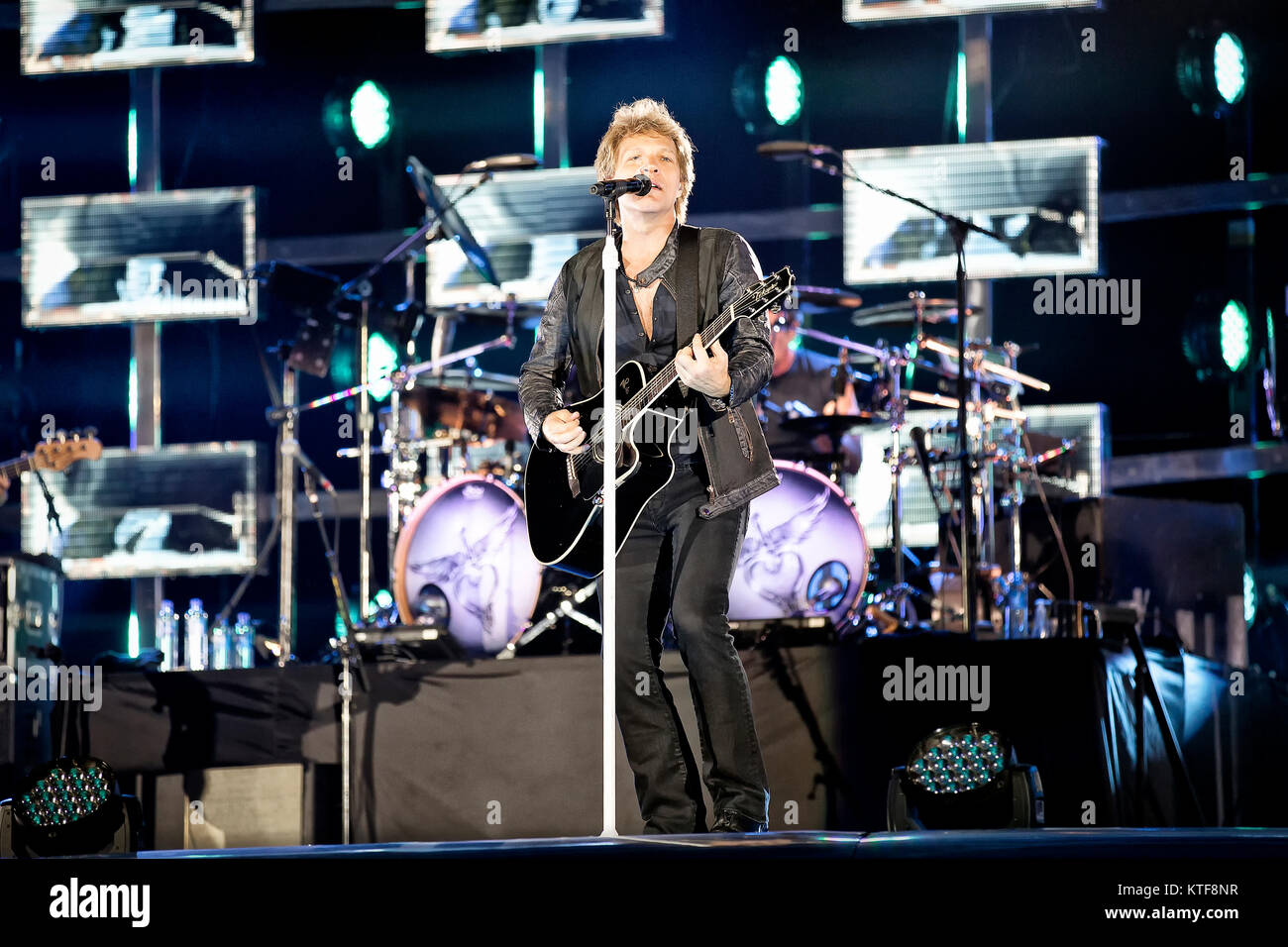 The American rock band Bon Jovi performs a live concert at Telenor Arena in Oslo. Here lead singer and musician Jon Bon Jovi is seen live on stage. Norway, 21/05 2013. Stock Photo