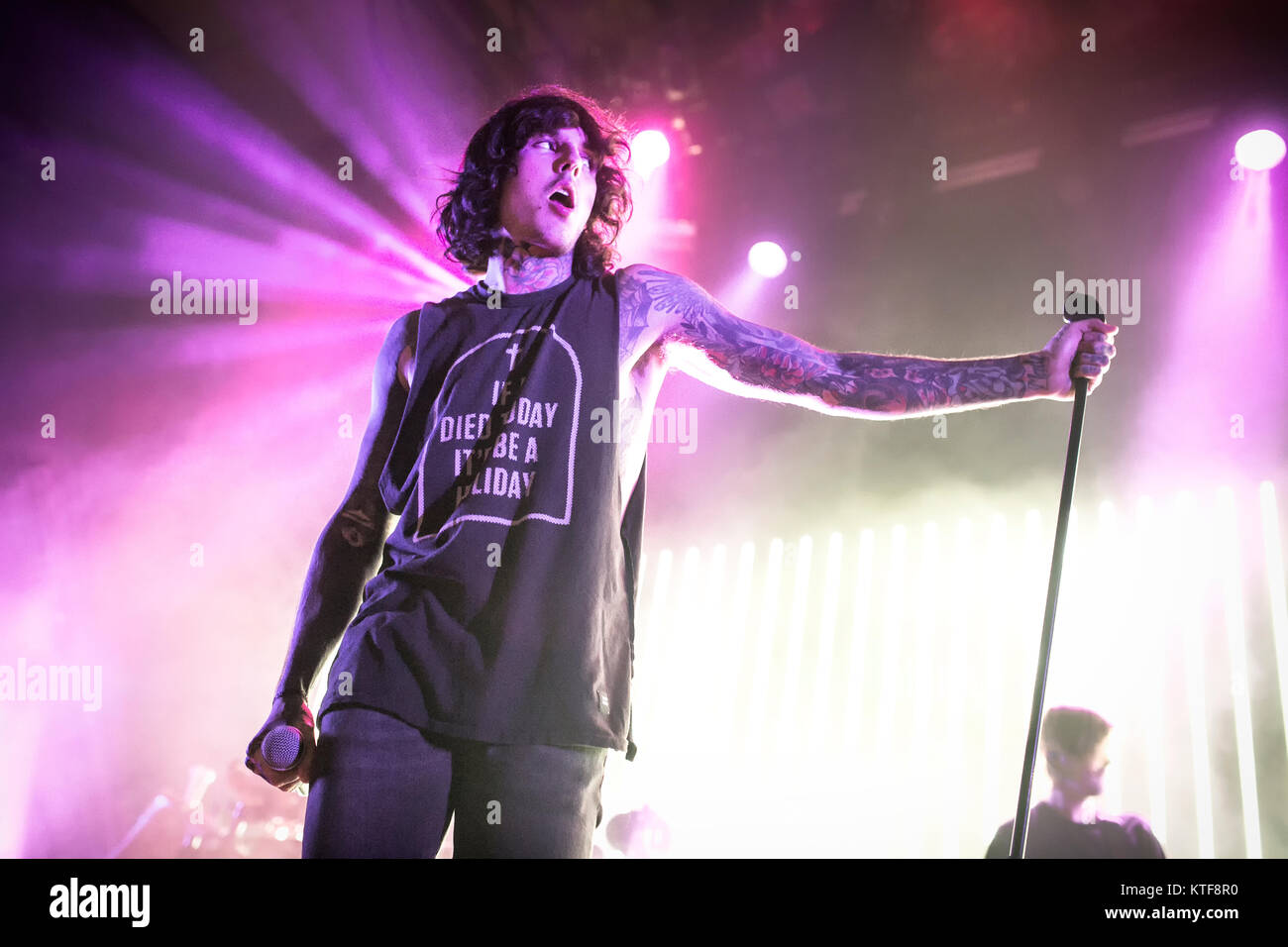 Bring Me The Horizon, the British metal core band, performs a live concert at Rockefeller in Oslo. Here vocalist Oliver Sykes is pictured live on stage. Norway, 13/11 2015. Stock Photo