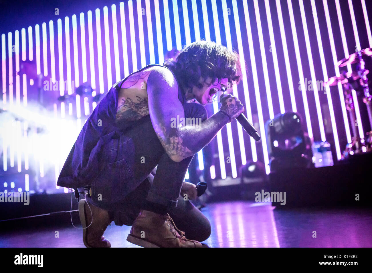 Bring Me The Horizon, the British metal core band, performs a live concert at Rockefeller in Oslo. Here vocalist Oliver Sykes is pictured live on stage. Norway, 13/11 2015. Stock Photo