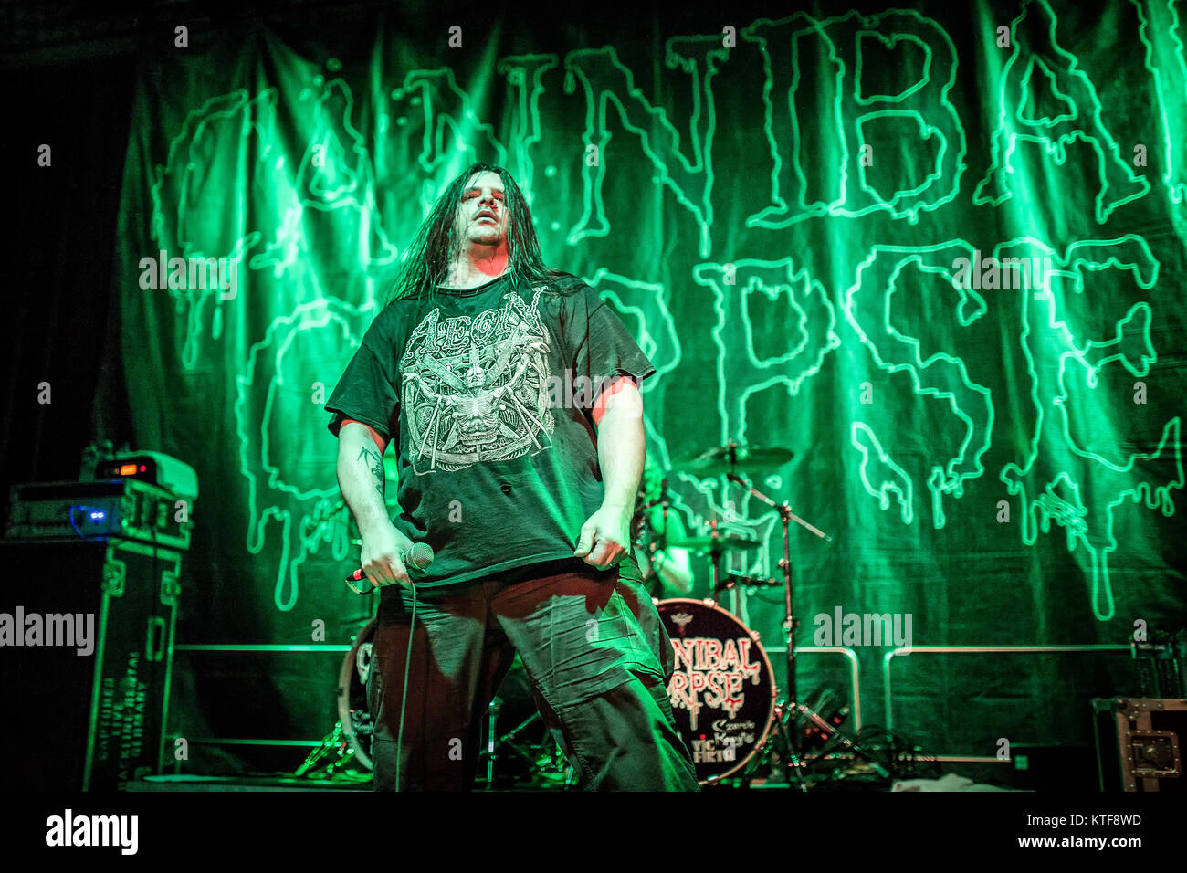 The American death metal band Cannibal Corpse performs a live concert at Sentralen in Oslo. Here vocalist George “Corpsgrinder” Fisher is seen live on stage. Norway, 17/04 2016. Stock Photo