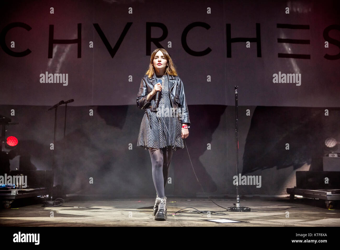The Scottish electro- and synthpop band CHVRCHES (stylised as CHVRCHΞS) performs a live concert at the Norwegian music festival Øyafestivalen 2016 in Oslo. Here singer Lauren Mayberry is seen live on stage. Norway, 12/08 2016. Stock Photo