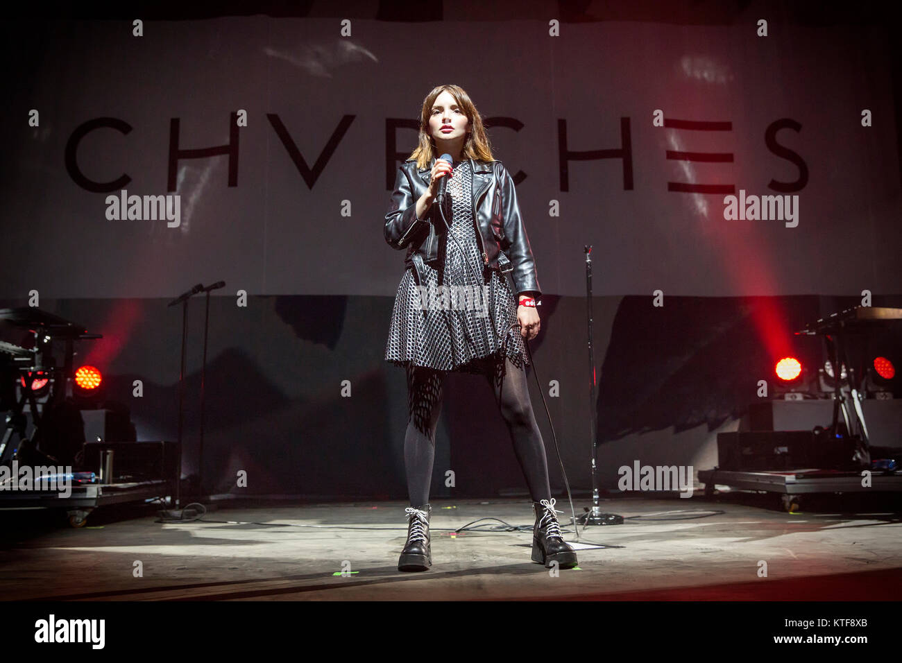 The Scottish electro- and synthpop band CHVRCHES (stylised as CHVRCHΞS) performs a live concert at the Norwegian music festival Øyafestivalen 2016 in Oslo. Here singer Lauren Mayberry is seen live on stage. Norway, 12/08 2016. Stock Photo