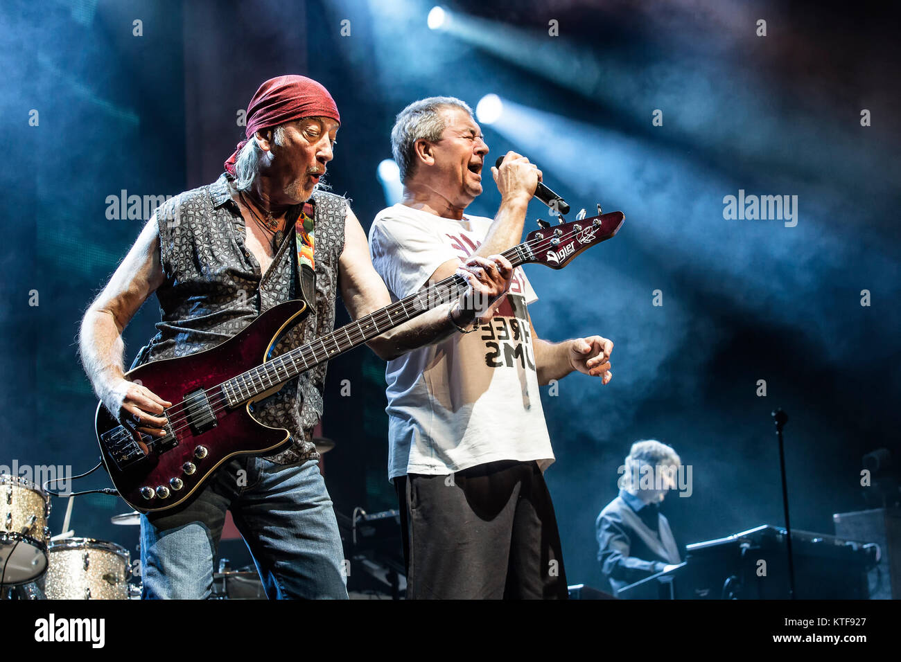 The English rock band Deep Purple performs a live concert at Oslo Spektrum. Here vocalist and songwriter Ian Gillan is seen live on stage with bass player Roger Glover. Norway, 04/02 2014. Stock Photo